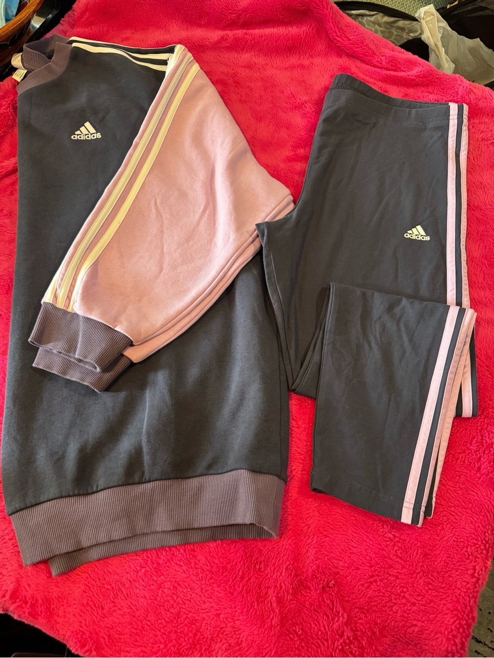 adidas Black and Pink Three-Stripe Sweatshirt & Leggings Set